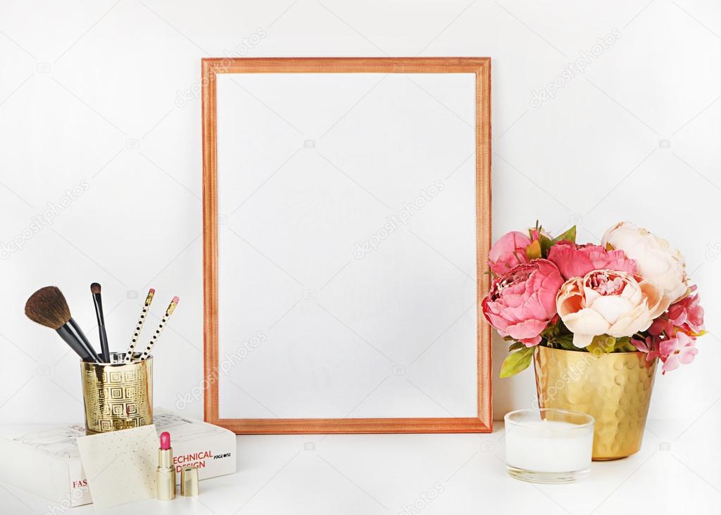  Mock up for your photo or text Place your work, print art,shabby style, white background,pastel color book, paris, lipstick, mint and gold accessories
