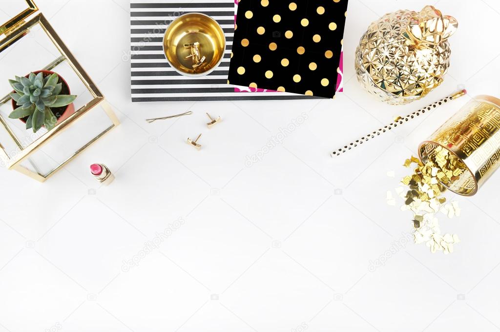 office table view and gold accessories, mock up background, header site