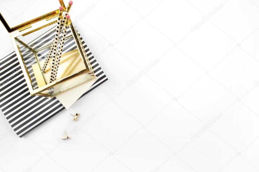 office table view and gold accessories, mock up background, header site