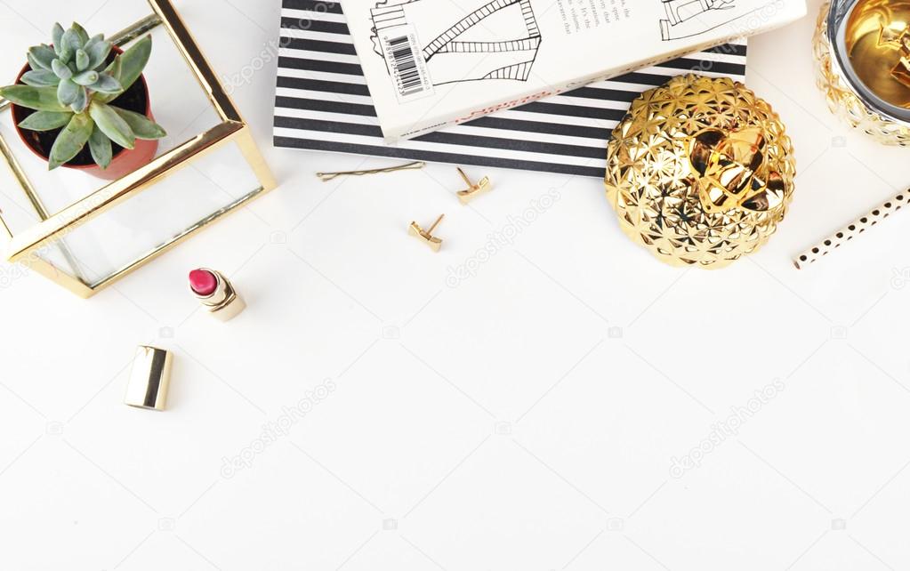 office table view and gold accessories, mock up background, header site
