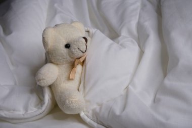 Yataktaki oyuncak ayı. Oyuncak. İç mekan. Çocukların yumuşak oyuncağı.