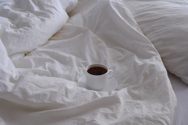 Colazione Letto Biancheria Bianca Caffè Letto — Foto Stock