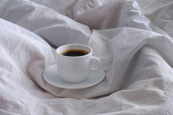 Cup Black Coffee Bed Interior Cosiness — Stock Photo, Image