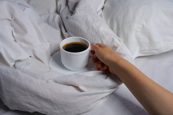 Girl Holding Cup Coffee Bed Breakfast Bed Interior Cosiness — Stock Photo, Image
