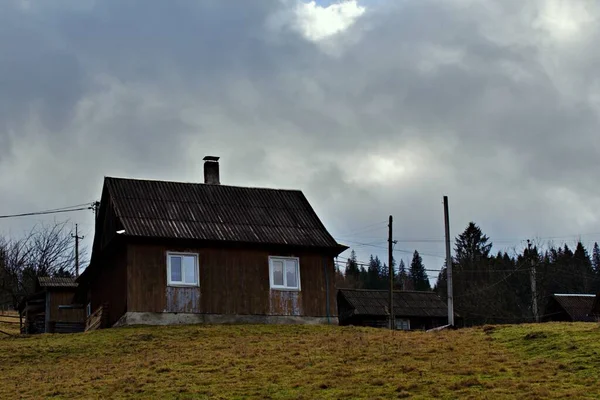 Сельский Дом Сельской Местности Фоне Елового Леса Горах — стоковое фото