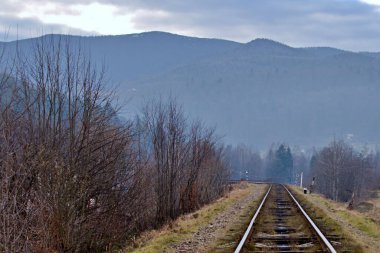 Eski demiryolu sisli ağaçlı dağlarda saklanıyor.