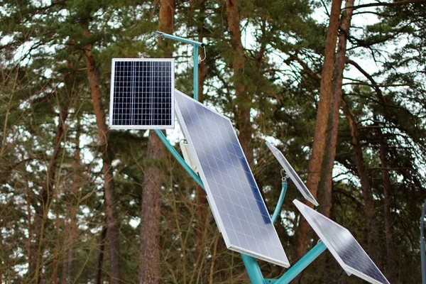 Set Solar Panels Supply Lighting Power Blurred Background Trees Park — Stock Photo, Image