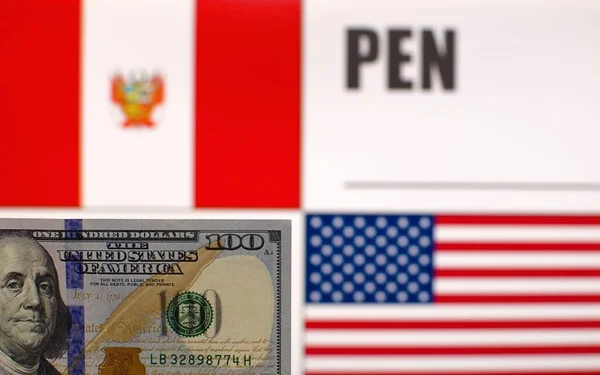 100 US dollars banknote on blurred background of Peru and USA flags and currency code of Peru. Exchange rate template