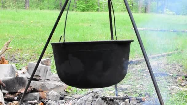 Gotowanie Świeżym Powietrzu Czarny Kocioł Nad Otwartym Ogniem Tle Zielonej — Wideo stockowe