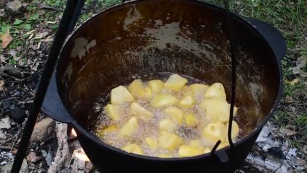 Matlagning Utomhus Stekt Potatis Tillagas Gryta Över Öppen Eld — Stockvideo