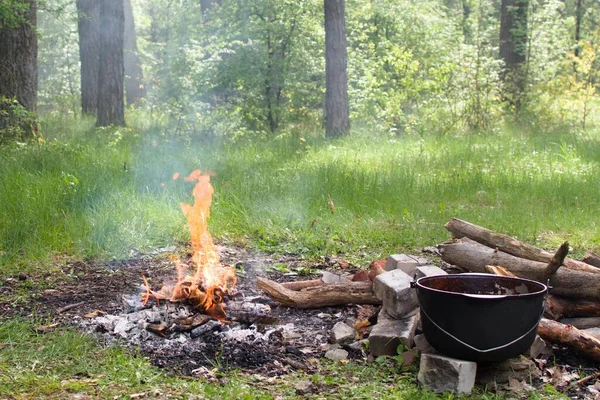 outdoor cooking. bonfire with tongues of flame and black cooking pot on background of green forest on sunny day
