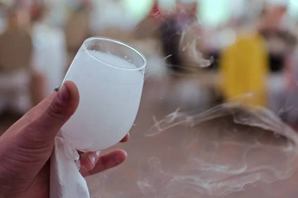 Wine Glass White Matter Evaporating Blurred Background — Stock Photo, Image