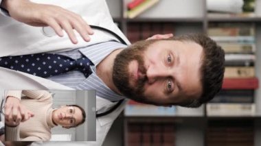 Online therapy, remote patient treatment concepts. Vertical video of woman patient talking and listens intently on computer webcam with bearded man doctor in headphones on internet video call
