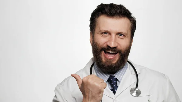 Doktor Yes Känslomässiga Gest Spännande Glad Man Läkare Vit Bakgrund — Stockfoto
