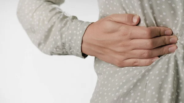 Pain Right Side Pain Liver Female Hand Touches Her Right — Stock Photo, Image