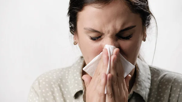 Nasal Congestion Runny Nose Woman Cold Flu Symptoms White Background Stock Image