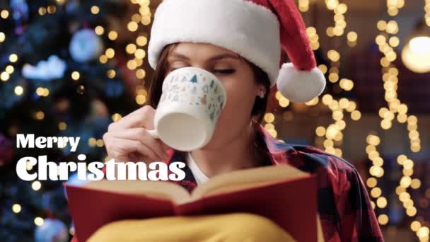 Wesołych Świąt i szczęśliwego Nowego Roku tekst. Z przodu piękna kobieta w czerwonym kapeluszu siedzi w fotelu i czyta książkę i pije coś z kubka. Zbliżenie, 60 fps — Wideo stockowe