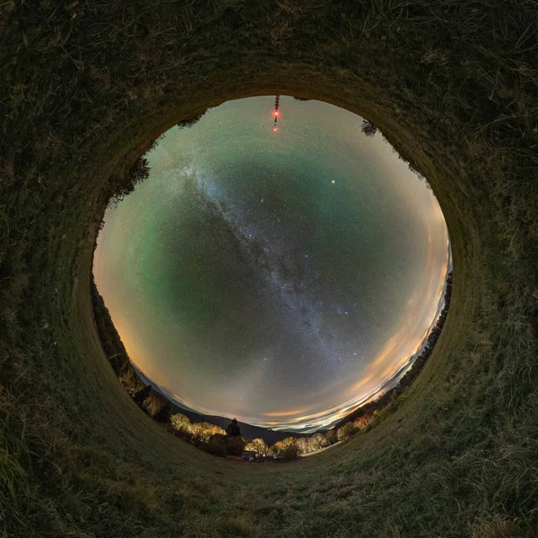 Panorama 360 Grados Cielo Vía Láctea Airglow Luz Zodiacal Planeta — Foto de Stock