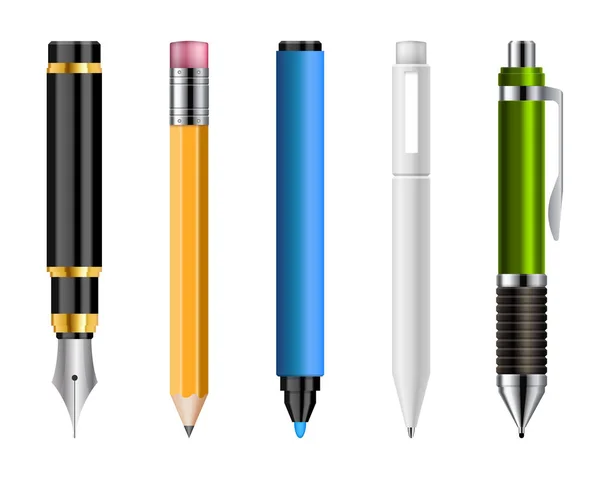 Set Realistic Pens Pencils Vector Illustration Isolated White — Stock Vector