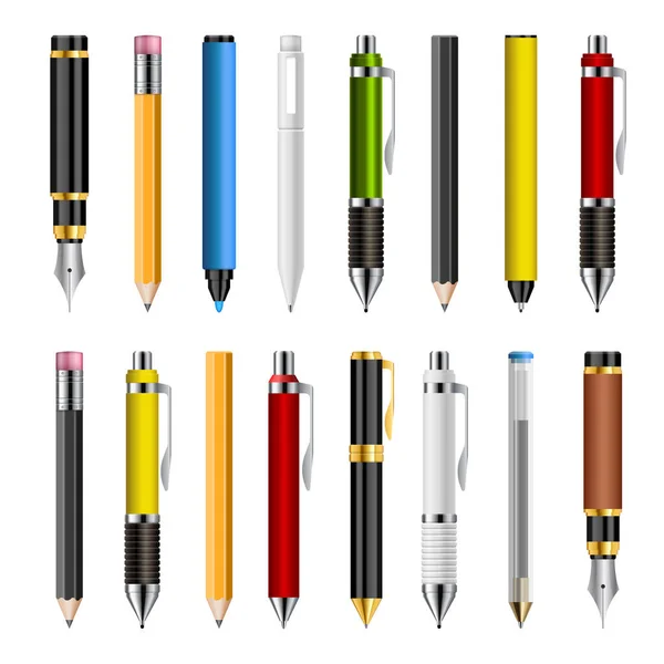 Set Realistic Pens Pencils Vector Illustration Isolated White — Stock Vector