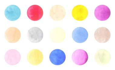 Beyaz arkaplanda izole edilmiş yuvarlak suluboya rozetler