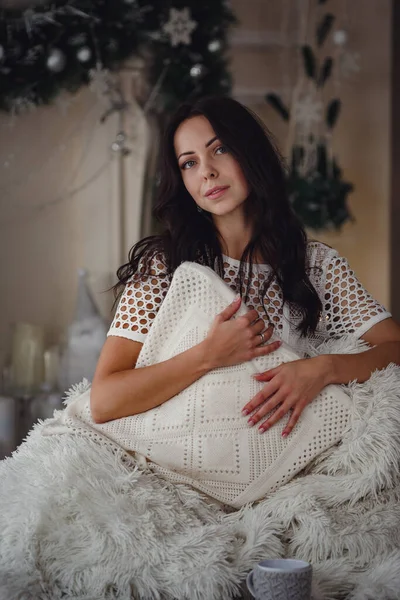 Mañana Ocio Navidad Invierno Concepto Gente Mujer Joven Feliz Con —  Fotos de Stock