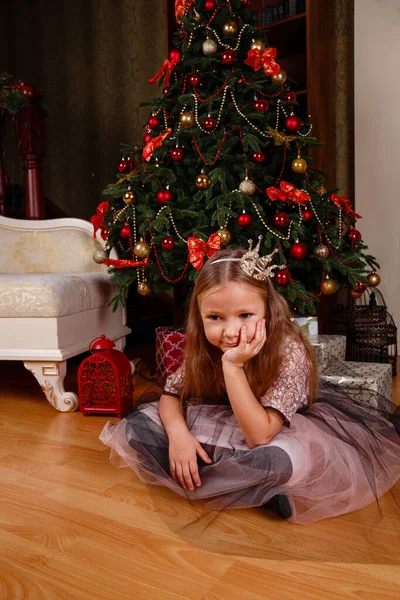 Cute Little Girl Dress Getting Ready New Year Expectation Party — Stock Photo, Image