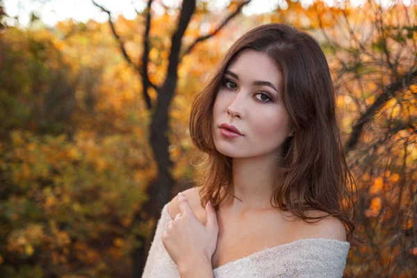 Belle Jeune Femme Marchant Dans Forêt Automne Temps Chaud Ensoleillé — Photo