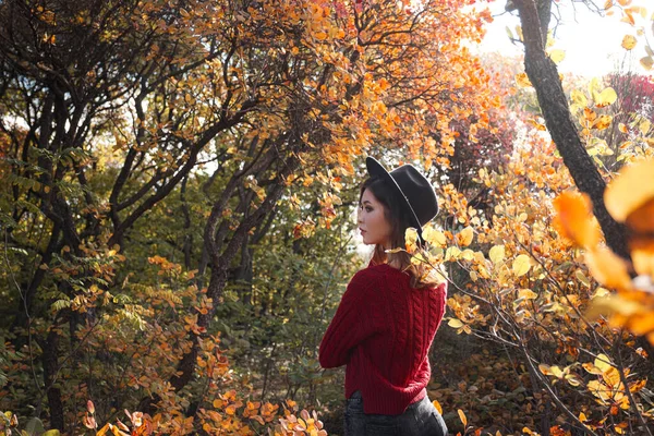 Hermosa Mujer Joven Con Suéter Rojo Sombrero Negro Caminando Bosque — Foto de Stock