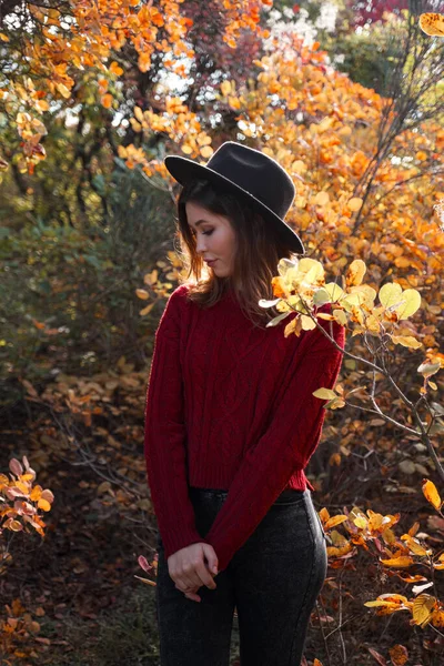 Красива Молода Жінка Червоному Светрі Чорному Капелюсі Ходить Осінньому Лісі — стокове фото