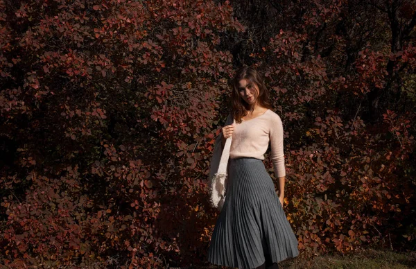 Красивая Молодая Женщина Гуляющая Осеннему Лесу Теплая Солнечная Погода Осенняя — стоковое фото