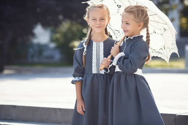 Charming Little Girls Retro Dress Walking Town Sunny Summer Day — Stock Photo, Image