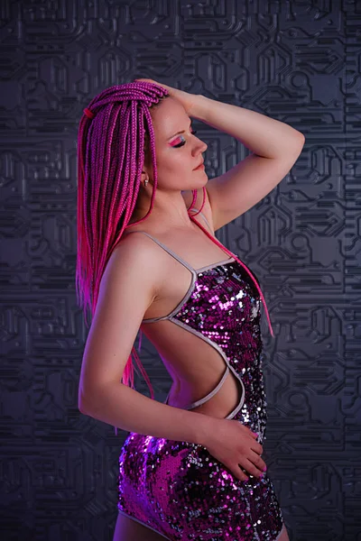 Attractive Dancing Woman Trendy Pink Braids Club Neon Light Grey — Stock Photo, Image