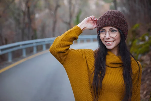 Positive Cheerful Woman Enjoy Autumn Park Woods Wear Yellow Pullover — Stock Photo, Image