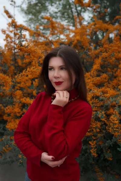 Портрет Чудової Жінки Середнього Віку Осінньому Парку Привіт Листопад Холодний — стокове фото
