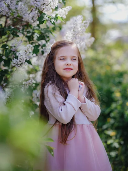 Una Bella Bambina Abito Rosa Elegante Passeggiando Giardino Lilla Idea — Foto Stock