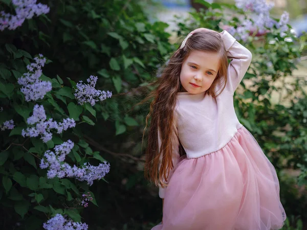 Una Hermosa Niña Vestido Elegante Rosa Caminando Jardín Lila Idea — Foto de Stock