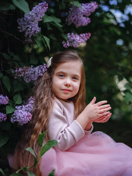 Beautiful Little Girl Pink Stylish Dress Walking Lilac Garden Idea — Stock Photo, Image