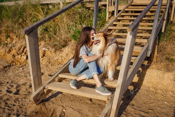 Young Woman Elderly Dog Walk Countryside Summer Evening Lady Her — Stock Photo, Image