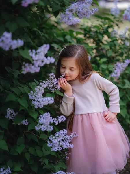 Una Bella Bambina Abito Rosa Elegante Passeggiando Giardino Lilla Idea — Foto Stock
