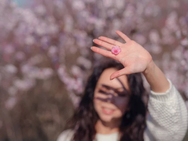 Una Bella Giovane Donna Vicino Albero Ciliegio Primaverile Fiore Idea — Foto Stock