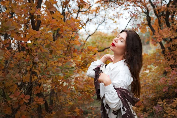 Porträt Einer Wunderschönen Frau Mittleren Alters Einem Herbstlichen Park Hallo — Stockfoto