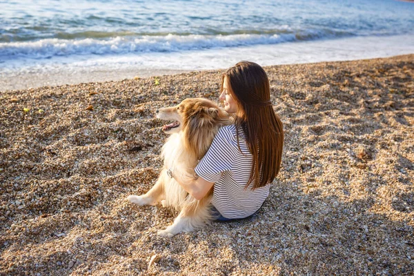 Une Jeune Femme Chien Âgé Promènent Campagne Soir Été Une — Photo