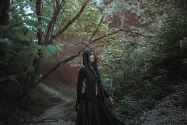 Karanlık ve sisli ormanda siyah elbiseli genç bir kadın duruyor. Karanlık parti için Cadılar Bayramı kostümü.