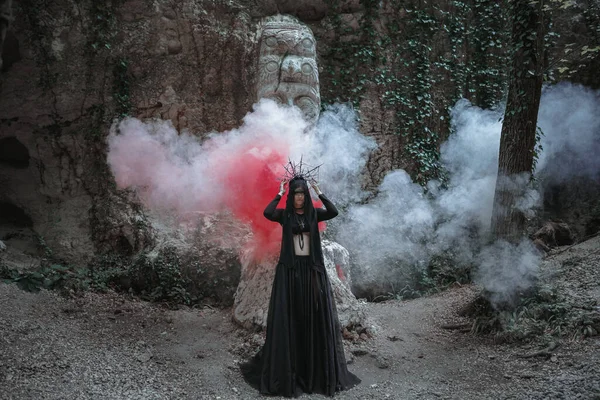 Young Woman Witch Stands Black Dress Crown Her Head Dark — Stock Photo, Image