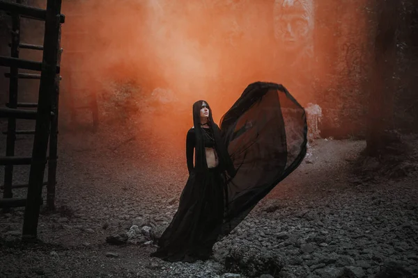 Young Woman Witch Stands Black Dress Dark Foggy Forest Halloween — Stock Photo, Image