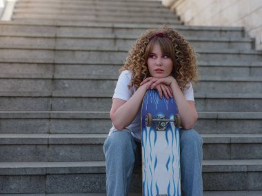 Bayan yaz şehirde, sörf tahtası ve kaykayla poz veriyor. Moda tarzı, metin için boş alan. Genç bayan kaykay şehir parkında dinlenirken.