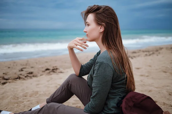 Woman Enjoying Sea Air Autumn Beach Thunderstorm Travel Lifestyle Concept — Stock Photo, Image