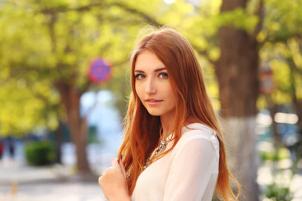 Beauty Romantic Girl Outdoors.  Sun Light. Blowing Long Hair. — Stock Photo, Image