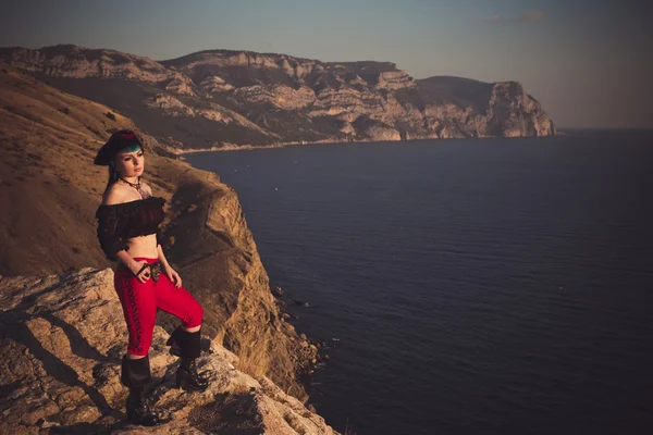 Portrait of a pirate woman at the beach — Stock Photo, Image